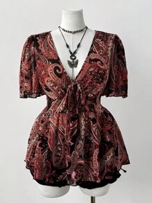 Sweetra Retro einfache lässige vintage DIY locker geschnittene Bluse mit ausgestellten Ärmeln, geschnürter Taille und Vorderbogen Dekor für Frauen