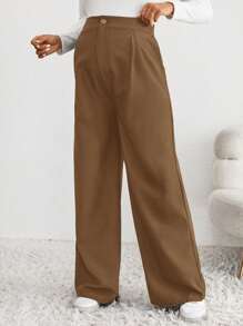 SHEIN Maternity Casual Brown Woven Fabric Long Pants With Zipper Detail And High Stretch For Comfortable Everyday Wear - Brown - View 4