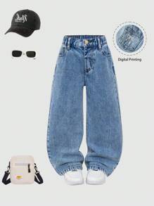 Young Girls Basic Casual Jeans, Wide Straight Leg, Comfortable Fashionable, Rhinestone Bow Decor On Back Pocket, Light Blue Wash