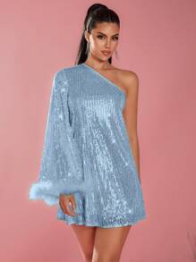 Glamine 女士蓬松拼接斜肩长袖短款休闲连衣裙节日聚会服装亮片女装 - 藍色 - 查看 6