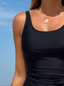 Swim Lushoire 女士海滩夏季服装，新款朴素泳衣，带衬垫胸围、可调节肩带和抽绳，时尚比基尼套装 - 黑色 - 查看 4