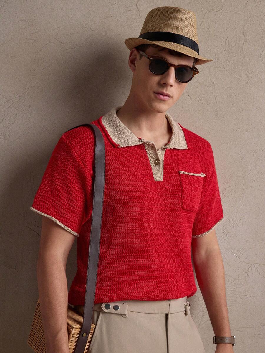 AKNOTIC Men's Crochet "Old Money" Pattern Casual Knitted Polo Shirt, Fashion Daily Wear, Suitable For Commute, Summer, Vacation, Party, Wedding, Couples, Boyfriend Gift, Beachwear - Red - View 1
