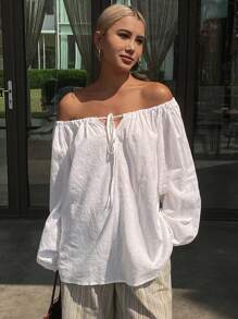 Livesso 女士宽松休闲沙滩度假风衬衫，夏季新款亚麻面料，秋季长袖露肩上衣 - 白色 - 查看 6