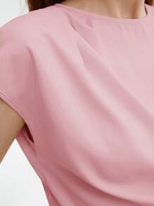 BizChic Women's Solid Color Round Neck Ruffle Decor Loose Cap Sleeve Top, Basic Urban Commute Style, Simple Elegant Fashion Business Casual, Suitable For Teachers And Office Wear