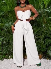 Slaydiva Conjunto de vacaciones para mujer con top bandeau con lazo delantero y pantalones de pierna ancha en color rosa rojo - Blanco - Ver 5