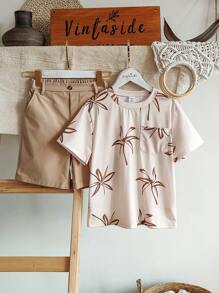 Vintaside Kids 2pcs Big Kid Summer Set: Round Neck Short Sleeve Embroidered Fashionable & Cool Versatile T-Shirt Paired With Solid Color Versatile Casual Shorts, Suitable For Friends Gathering, Family Dining Or Shopping - Apricot - View 4