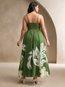 Anewsta 大码花卉印花 V 领收腰吊带连衣裙，优雅度假休闲装，女士春夏装 - 綠色 - 查看 3