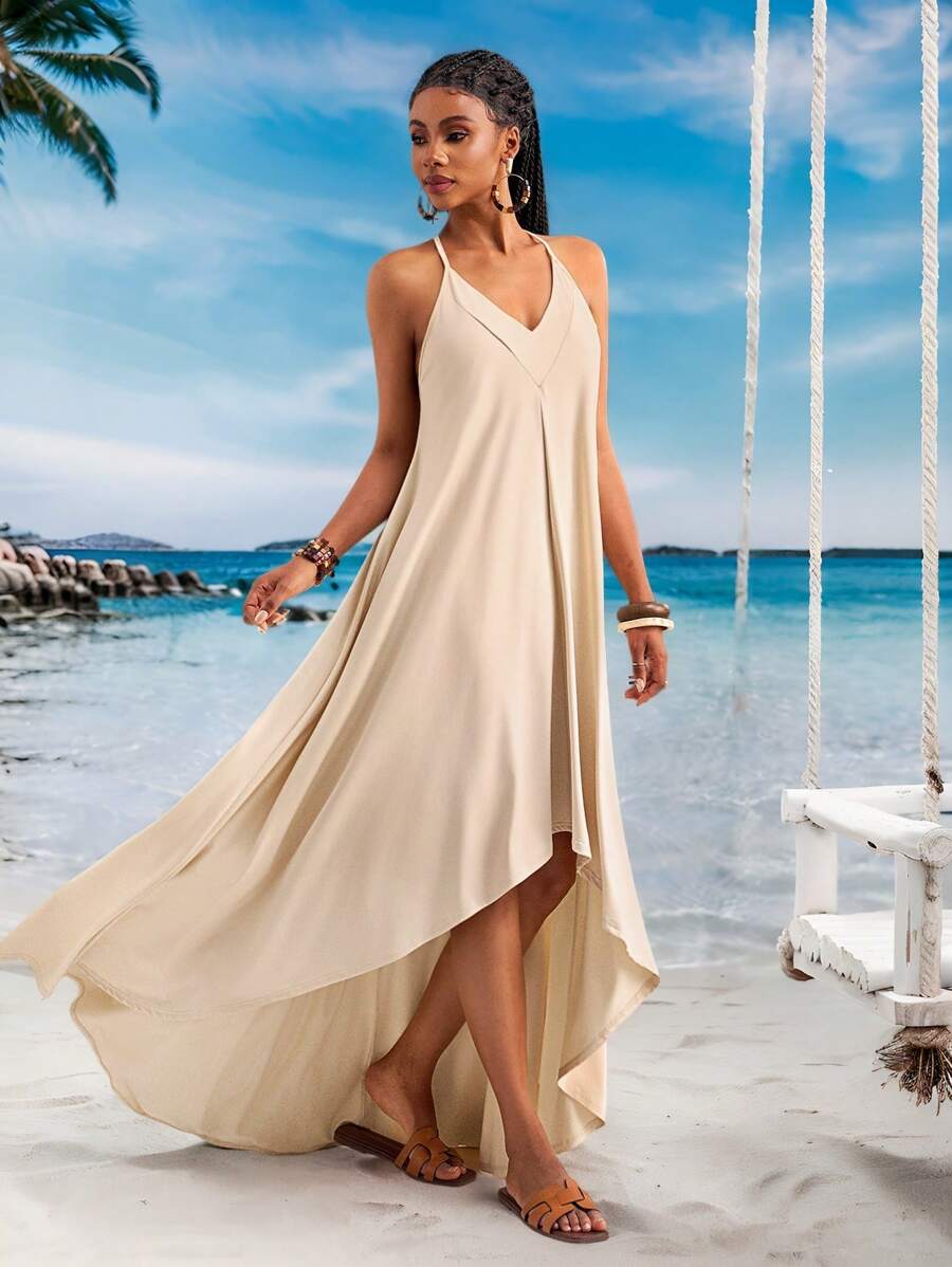 Slaydiva 2025 Summer New Arrival Music Festival, Easter, Western, Nomadic, St. Patrick's Day, Birthday Party, Graduation, Student, Casual, All-Match Matching, Leisure, Vacation, Cruise Travel, Beach, Sunbathing, Viral Asymmetrical Hem, Back Tie, V-Neck, Flared A-Line, Apricot Color Women Dress