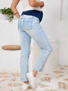 SHEIN Adjustable Waist Maternity Distressed Casual Versatile Jeans - Light Wash - View 2