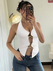 SHEIN Unity 女式纯色系带金属配件前开衩吊带背心 - 白色 - 查看 6