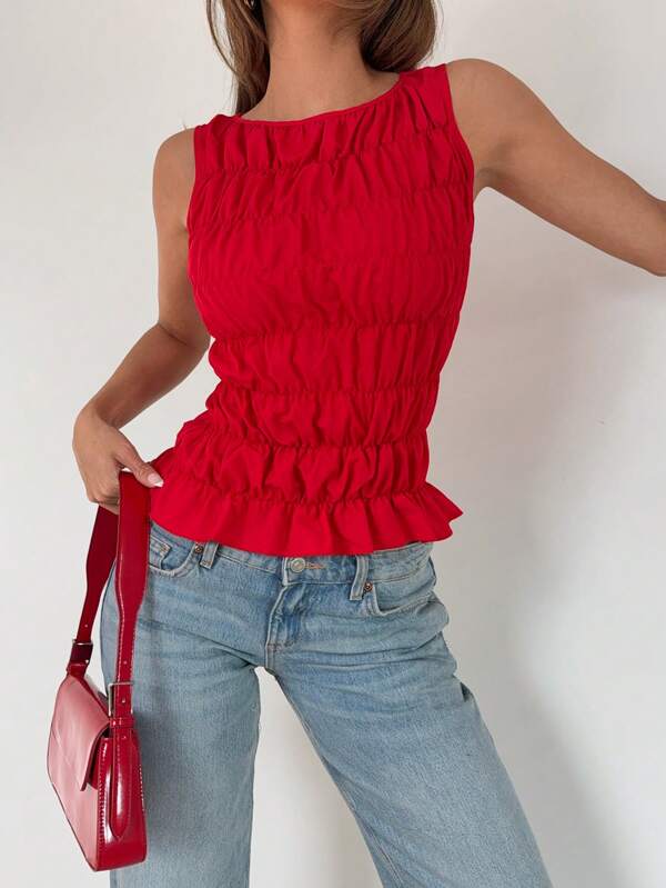 Roylia Women's Summer Casual Solid Color Round Neck Pleated Cami