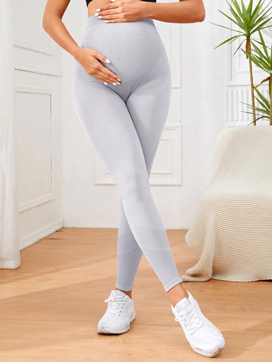 Easithlete Maternity Plain Color High Waist Fitted Leggings - Light Grey - View 1