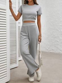 INAWLY Plus Size Casual Solid Color Short Sleeve Top And Pants Set - Grey - View 1