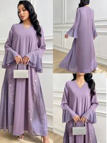 Al Najma Vestido largo tradicional y modesto de mujer con mangas de campana y decoración de brillantes