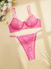 Charlaine 20pcs/Set Romantic Charm With Underwire 3/4 Cup Lace Patchwork Women's Lingerie Set - Hot Pink - View 8