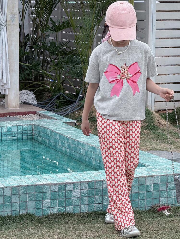 2pcs/Set Tween Girls Butterfly Print Short Sleeve T-Shirt And Full Length Pants Set