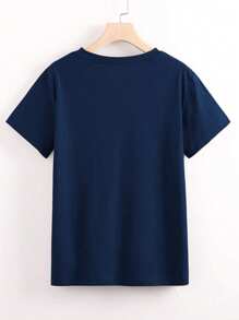 INAWLY 时尚百搭豹纹樱桃印花海军蓝圆领短袖女式上衣 - 藏蓝色 - 查看 2