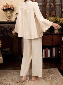 Moonlight&Mama Contrast Floral Trim V-Neck Top & Pants Maternity Pajama Set, Fall Winter Clothes - Apricot - View 2