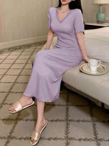 DAZY Minimalist Knit Fitted Lace Patchwork V-Neck Lounge Dress Pajama - Purple - View 4