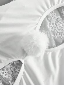Fantasy Costume 3件套兔女郎服装 - 镂空露胸开裆乳贴+头饰+连体衣，毛绒装饰蕾丝拼接女士内衣角色扮演新娘内衣 - 白色 - 查看 5