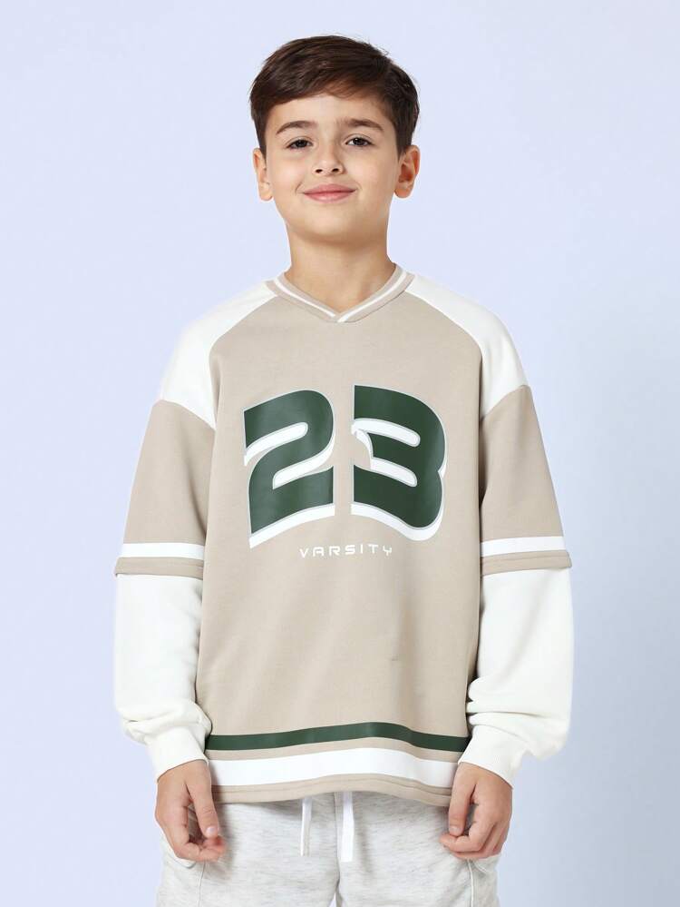Tween Boys Varsity Numbers Colorblock Long Sleeve Pullover Sweatshirt