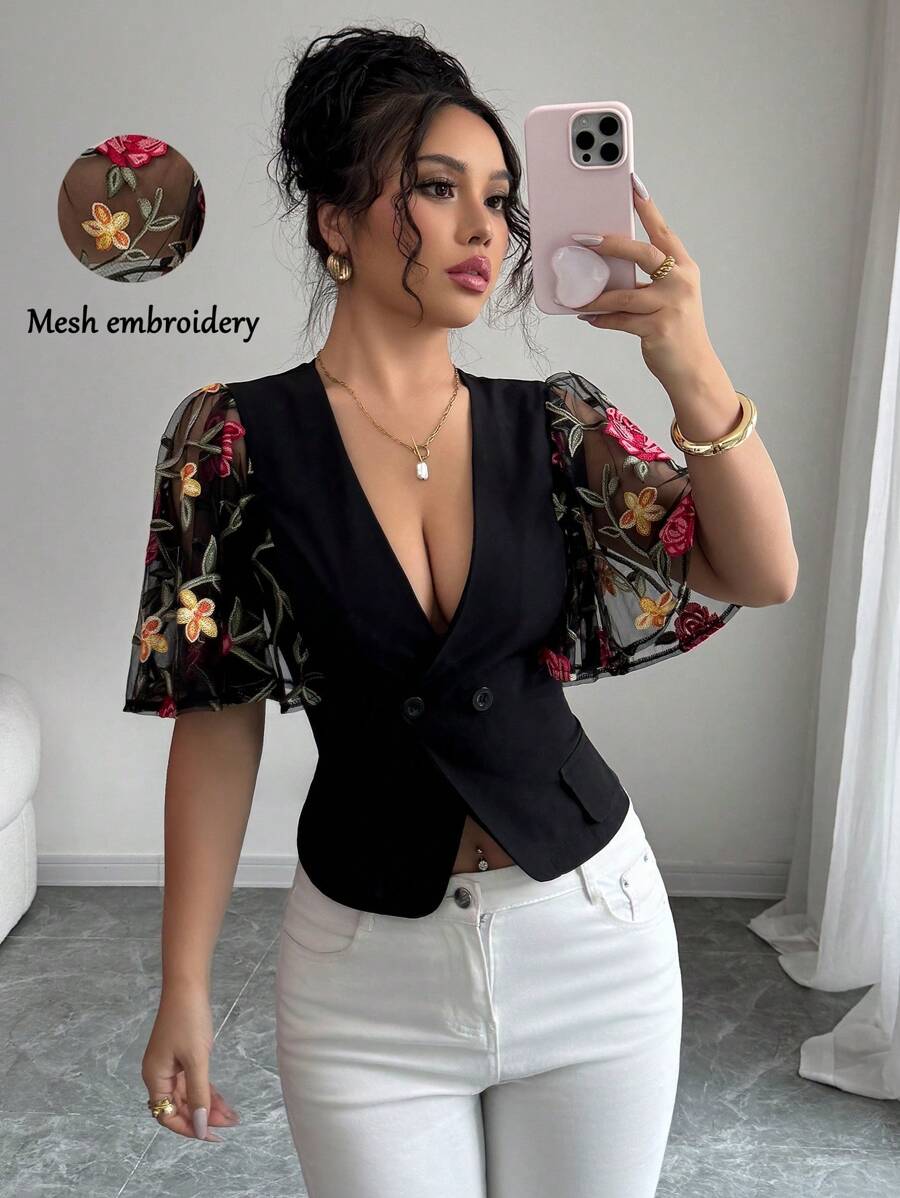Elenzga Floral Embroidered Mesh Patchwork Lightweight Blazer - Black - View 1