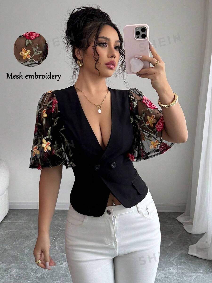 Elenzga Blazer ligero de malla con parches de bordado floral - Negro - Ver 1