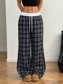 Coolane Women's Summer Streetwear Going Out Casual Loose Checked Wide Leg Pants
