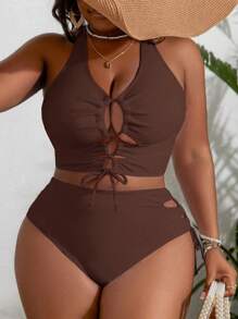 Slaydiva Plus Size Solid Color Spaghetti Strap Tankini Swimsuit With Matching Briefs For Summer Beach Vacation - Brown - View 3