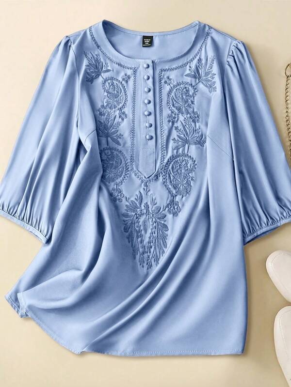 Linhara Plus Size Women's 3/4 Sleeve Turndown Collar Single-Breasted Embroidered Button Front Woven Shirt