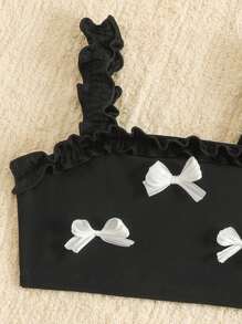 2pcs/Set Little Girls Adorable Pink Swimsuit Set, Bowknot, Ruffle Straps & Trim, Tankini & Bottoms - Black - View 4