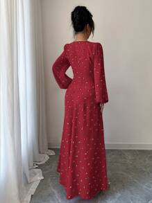 Al Najma Women's Elegant Ditsy Floral Print Lantern Sleeve Kaftan Style Dress, Modest - Burgundy - View 2