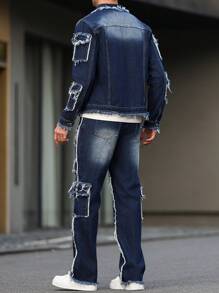 Manfinity LEGND Men's Casual Washed Distressed Denim Jacket And Pants Set, Emo Style, Fall Clothes - Dark Wash - View 2