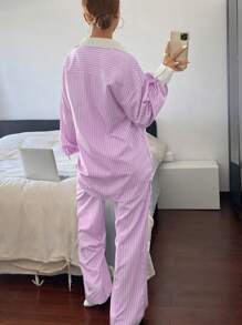 SHEIN Frenchy 2 件女士休闲/商务条纹长袖衬衫和裤子套装 - 淡紫色 - 查看 2