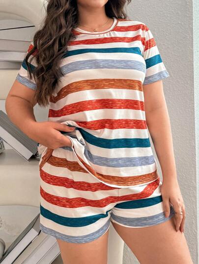 SHEIN 大码彩色条纹上衣和短裤家居服睡衣套装