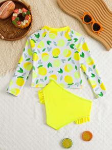 SHEIN 柠檬印花长袖上衣和三角比基尼套装，年轻女孩风格
