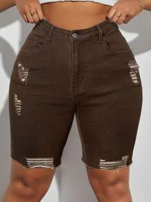 SHEIN SXY Plus Size Distressed Stylish Versatile Denim Shorts  Autumn Outfits For Women Festival Outfits Casual Biker Shorts - Coffee Brown - View 1