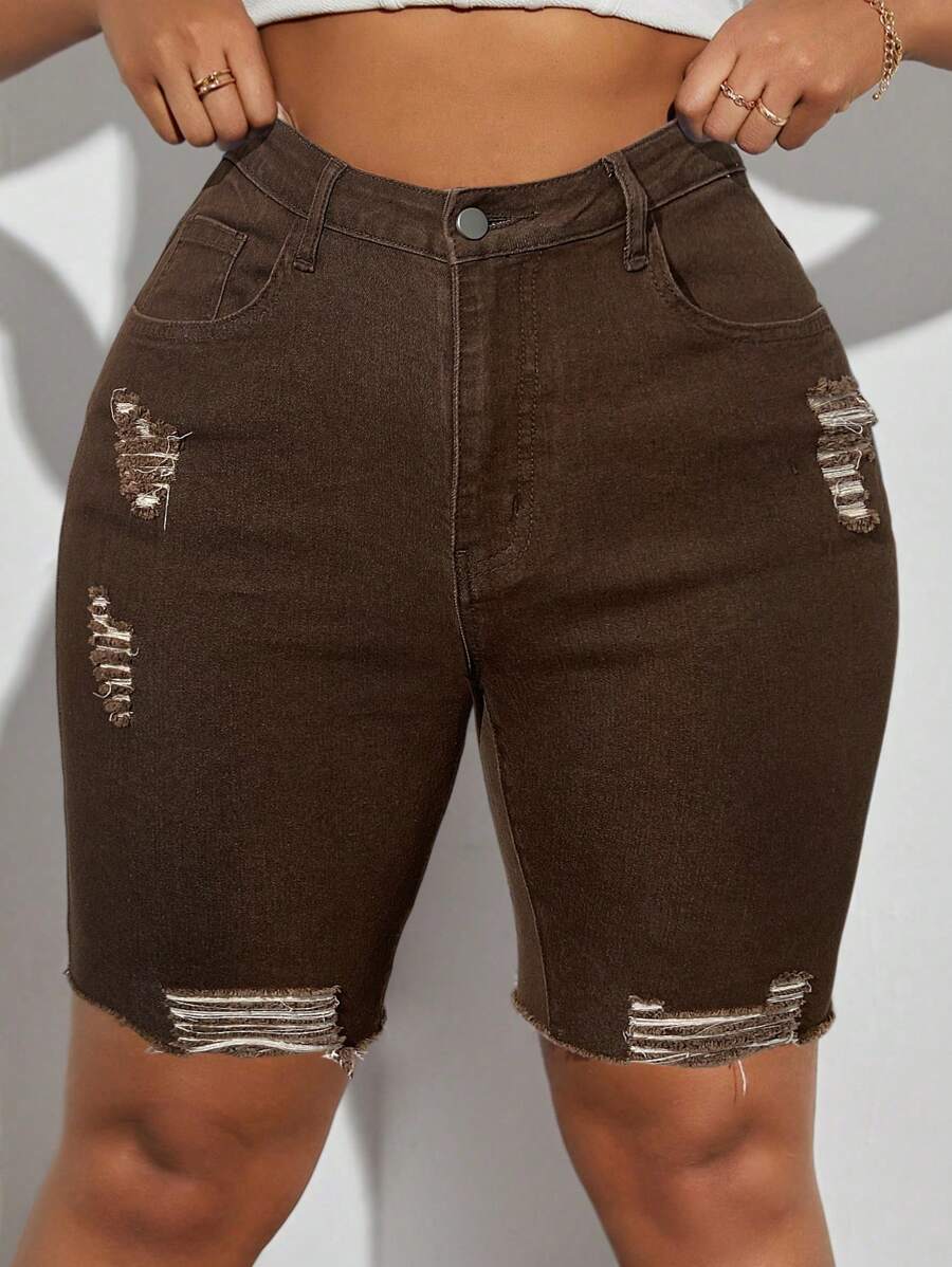 SHEIN SXY Plus Size Distressed Stylish Versatile Denim Shorts  Autumn Outfits For Women Festival Outfits Casual Biker Shorts - Coffee Brown - View 1