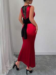 Elenzga Sleeveless Round Neck Lace Hollow Back Bow Mermaid Hem Stretch Satin Fitted Elegant Sexy Dress