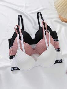 3pcs/Set Letter Jacquard Striped Push-Up Bra - Multicolor - View 7