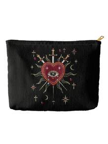 ROMWE Goth Heart, Eye, Teardrop And Sword Pattern Corduroy Zipper Makeup Bag, Lightweight Multi-Functional Makeup Organizer Pouch With Lining - Multicolor - View 2