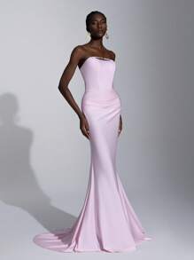 Elitara Elegant Pink Knitted Tube Dress,Unique Asymmetric Hollow Out Metallic Rhinestone High Waist Fishtail Maxi Gown For Women,Party Evening Wedding Guest - Baby Pink - View 7