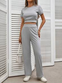 INAWLY Plus Size Casual Solid Color Short Sleeve Top And Pants Set - Grey - View 6