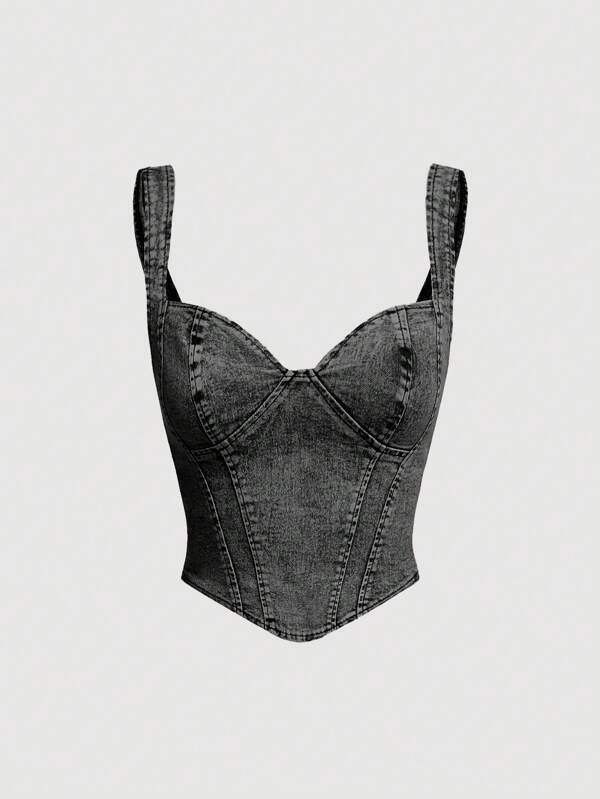 SHEIN MOD Top din denim fără mâneci, cu guler cu inimă în suferință