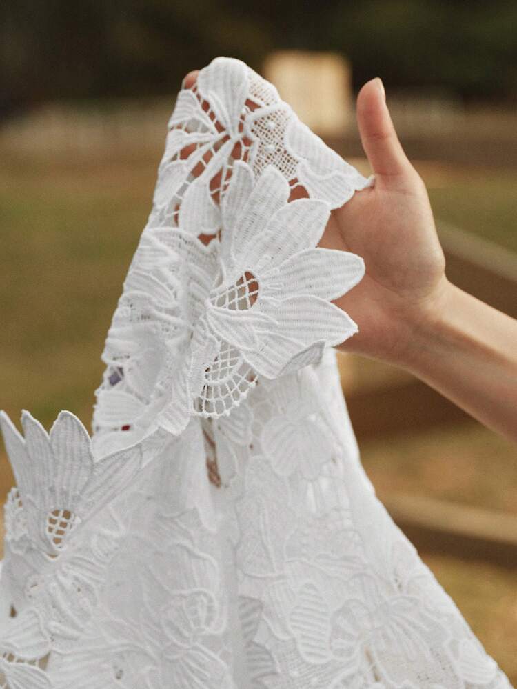 Women Elegant Scoop Neck Embroidered Lace Hollow-Out Floral Trim Crochet Top, T-Shirt Cover Up, Suitable For Beach, Festival, Holiday, Casual, Resort, Summer