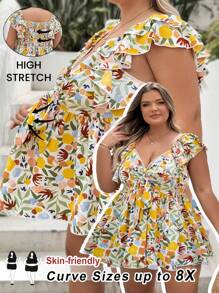 SHEIN CURVE+ 大码女式节日彩色印花面料蝙蝠袖蝴蝶结前 A 字衬衫，休闲浪漫夏日度假衬衫