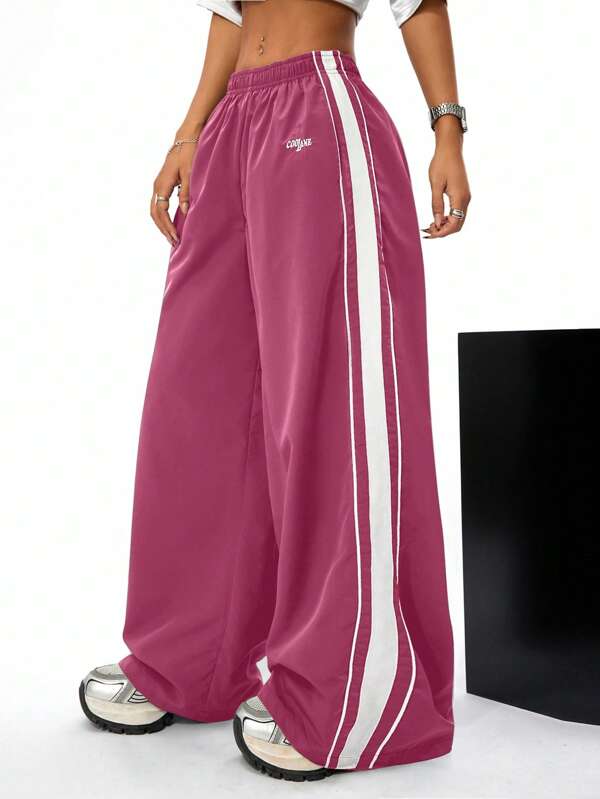 Coolane Women's Fashionable Street Style Embroidery Logo Windbreaker Fabric Loose Fit Casual Long Pants, Suitable For Spring And Summer
