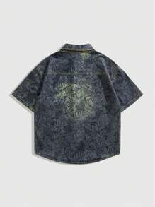 ROMWE MEN Áo sơ mi denim nam tay ngắn cài một hàng khuy, in họa tiết cây nhiệt đới - Đồng - Xem 2
