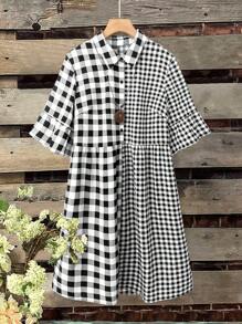 SHEIN LUNE Plus Size Women's Black & White Plaid Patchwork Versatile Plus Size Dress - Multicolor - View 1