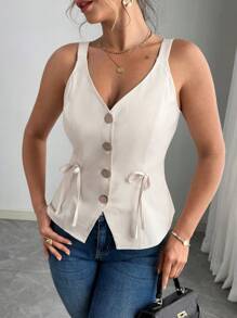 SHEIN Elenzya 大码女式编织V领无袖蝴蝶结装饰高品质法式浪漫优雅吊带背心 - 杏色 - 查看 5